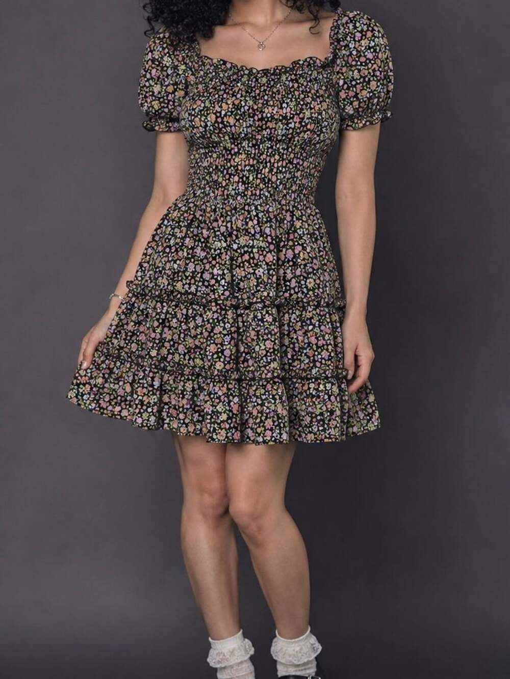 Art Class Floral Print Smocked Square Neck Puff Sleeve Ruffle Mini Dress Girls S